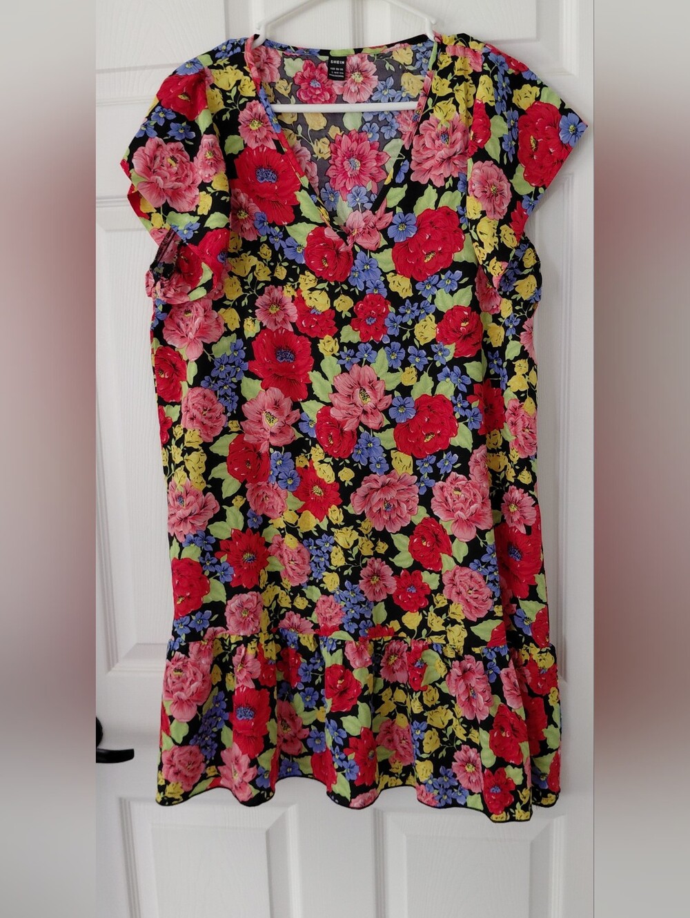 SHEIN Black Floral V-Neck Womans Dress with Red, Pink & Yellow Flowers